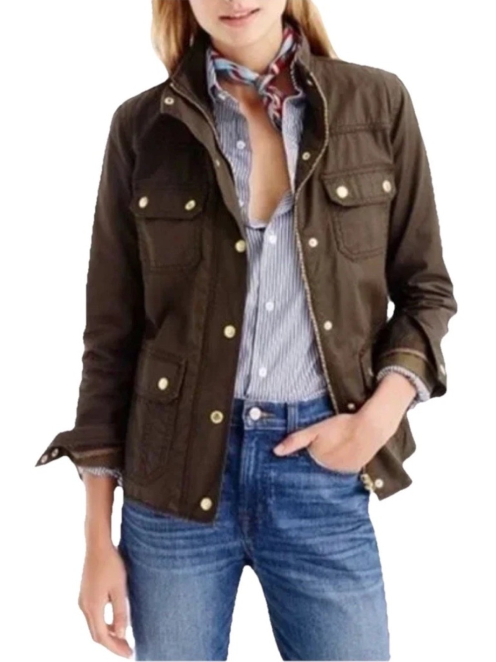 J. Crew Women's Olive Utility Jacket with Gold-Tone Buttons Size Medium